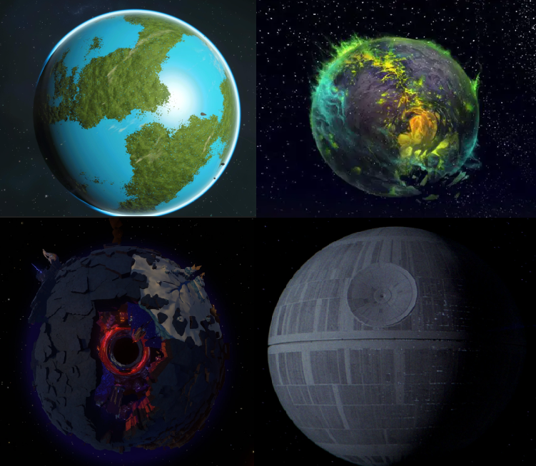 Examples of Planets in: No Man's Sky, WoW, Outer Wilds and Star Wars